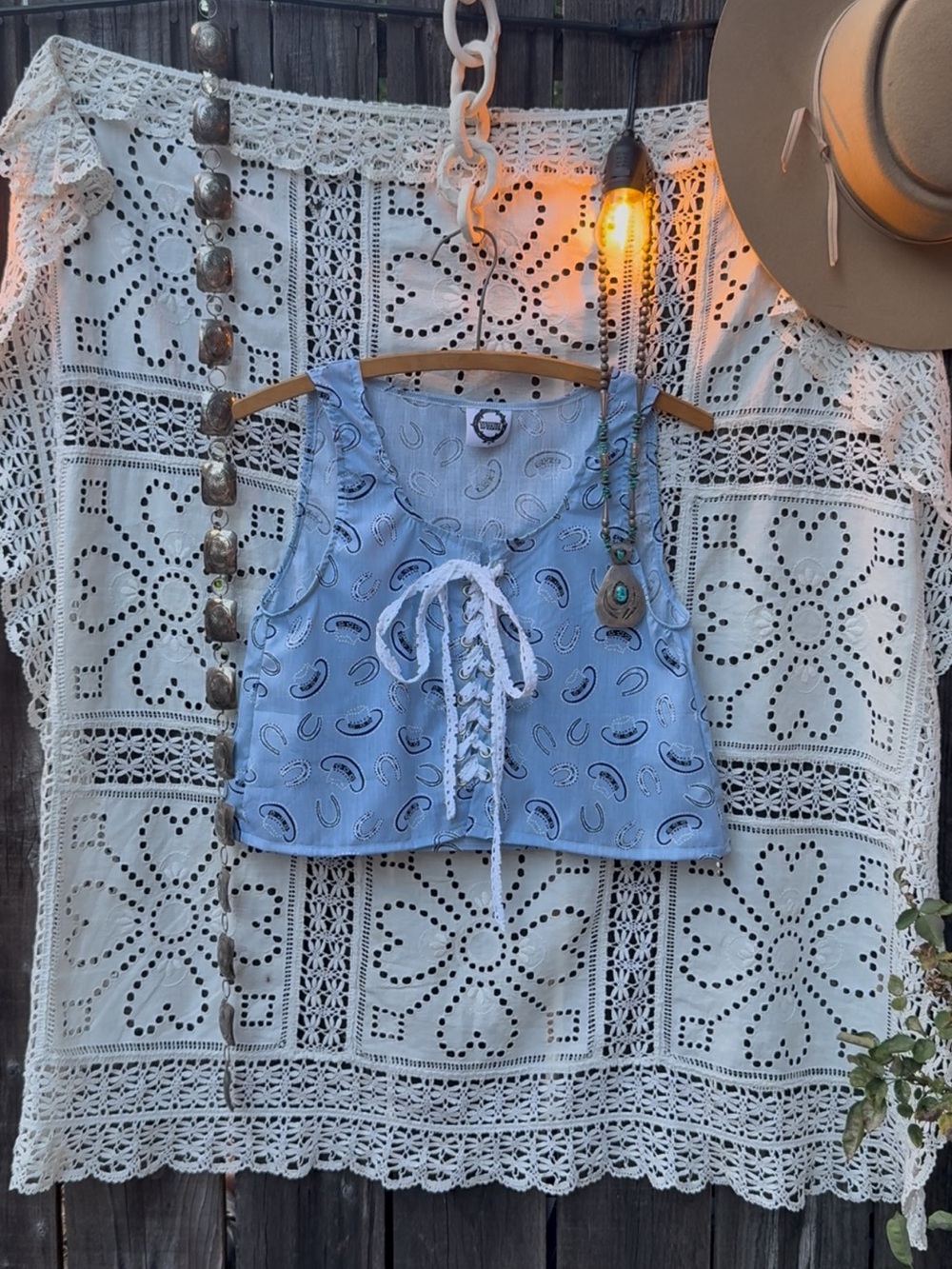 Handmade vintage fabric Blue Lace-Up Crop Tank Top